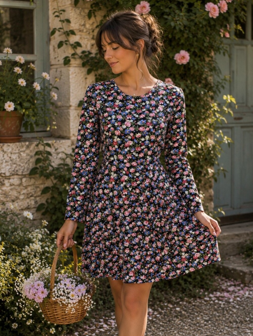 Vintage Floral Long-Sleeve Swing Dress in Black with Pink, Red & Blue Blossoms